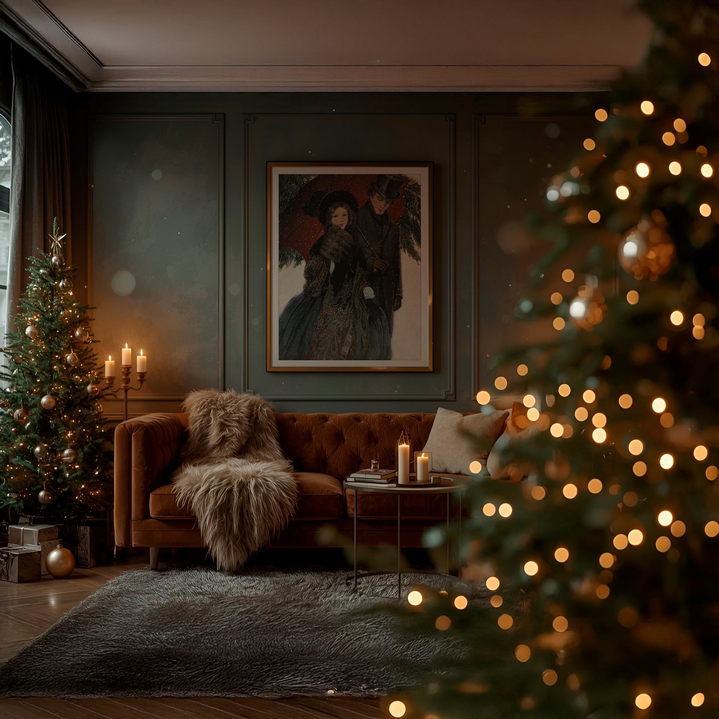 Victorian Christmas Couple Winter Scene Matte Vertical Poster Art Print