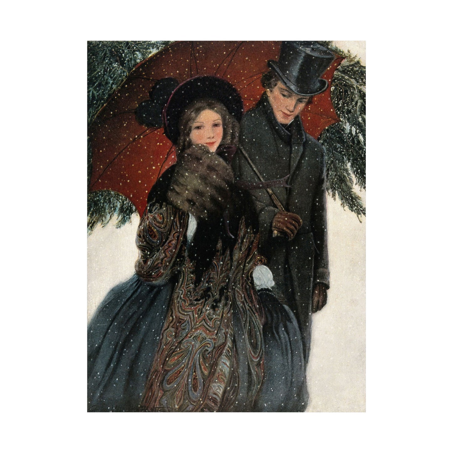Victorian Christmas Couple Winter Scene Matte Vertical Poster Art Print