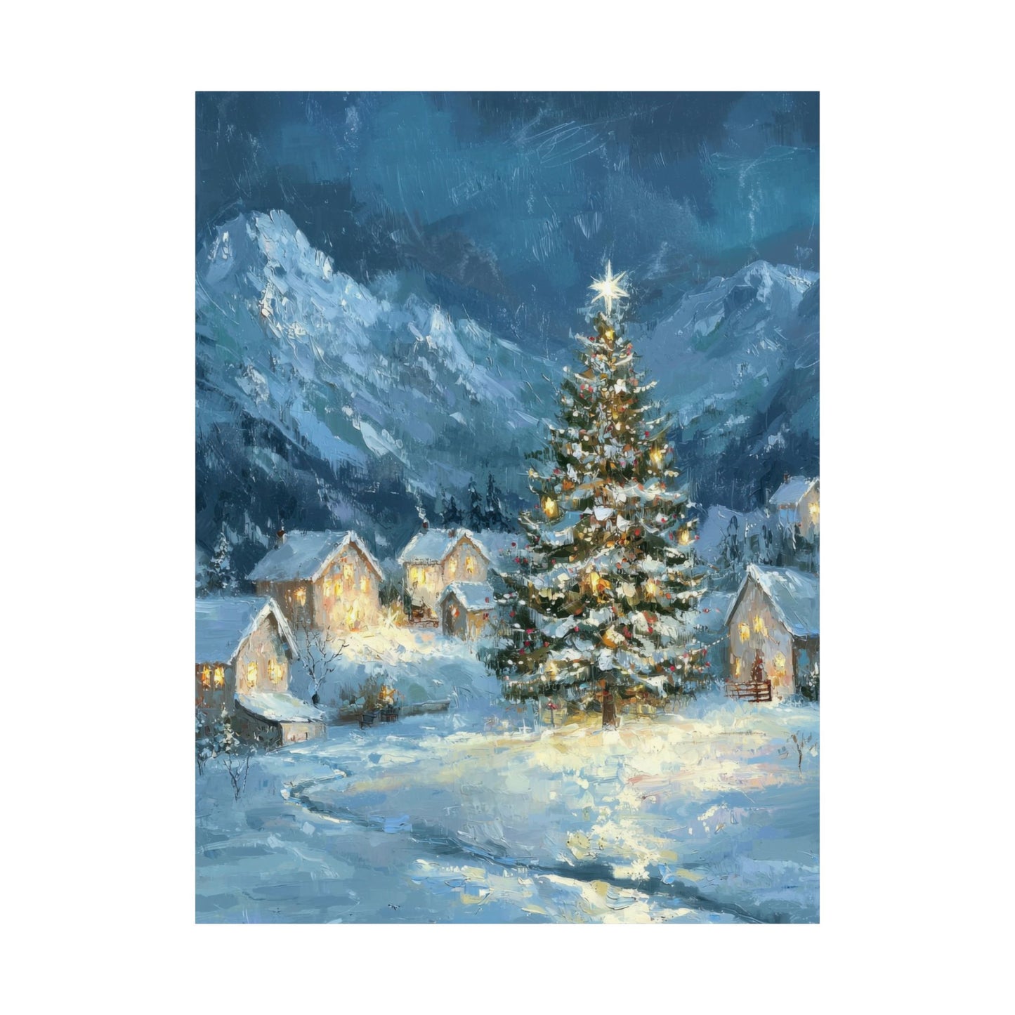 Snowy Christmas Tree in Winter Village Matte Vertical Poster Art Print