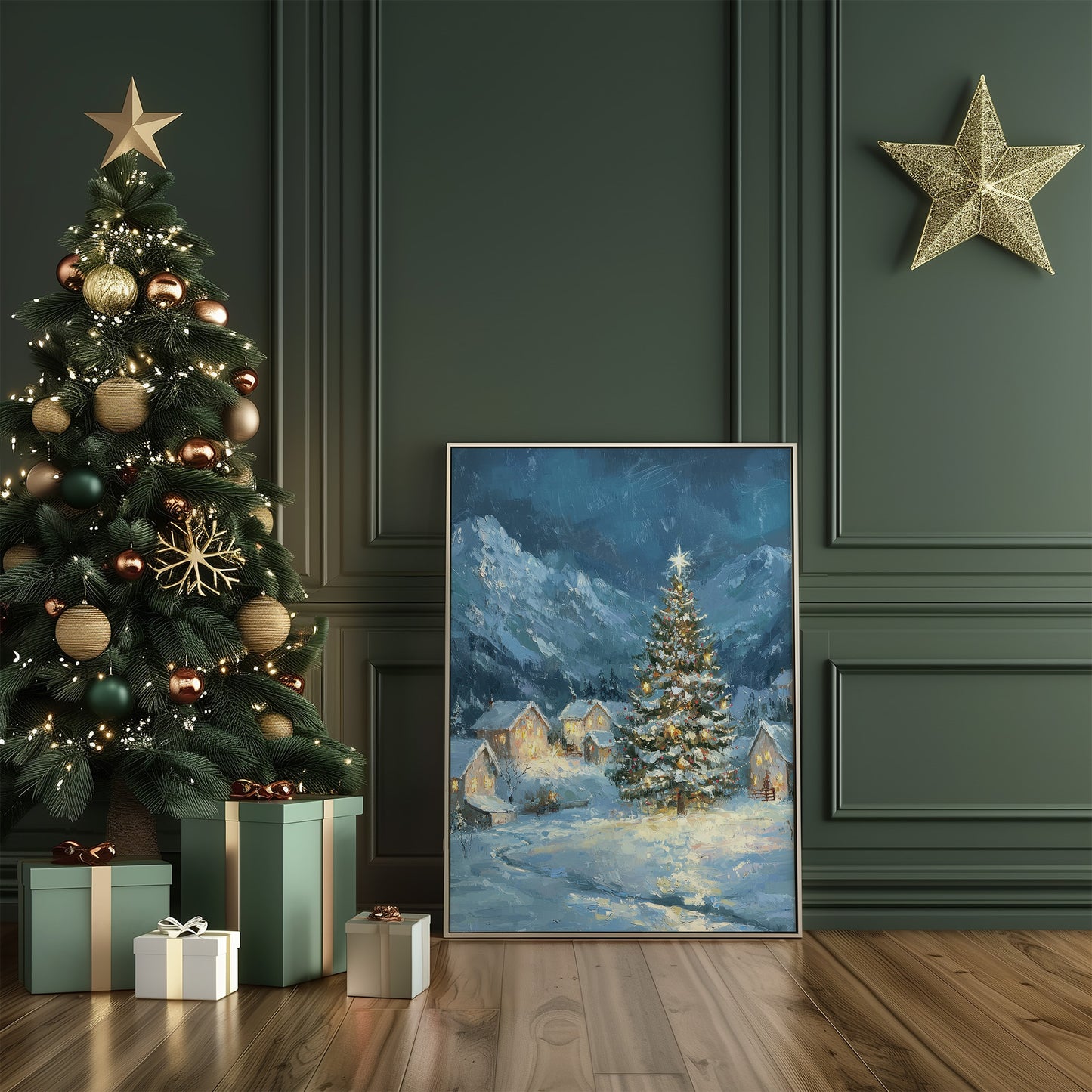 Snowy Christmas Tree in Winter Village Matte Vertical Poster Art Print