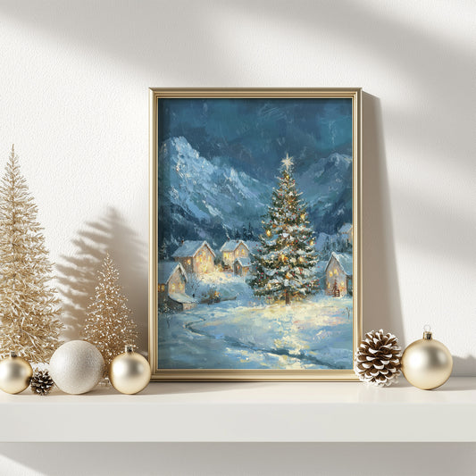 Snowy Christmas Tree in Winter Village Matte Vertical Poster Art Print