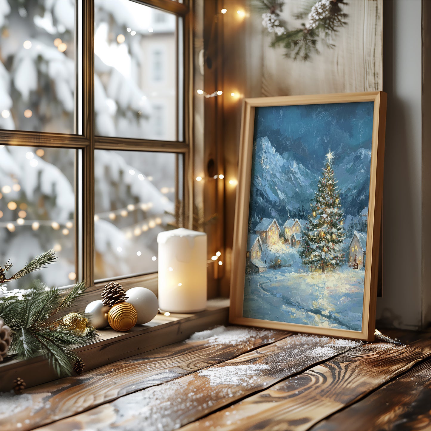 Snowy Christmas Tree in Winter Village Matte Vertical Poster Art Print