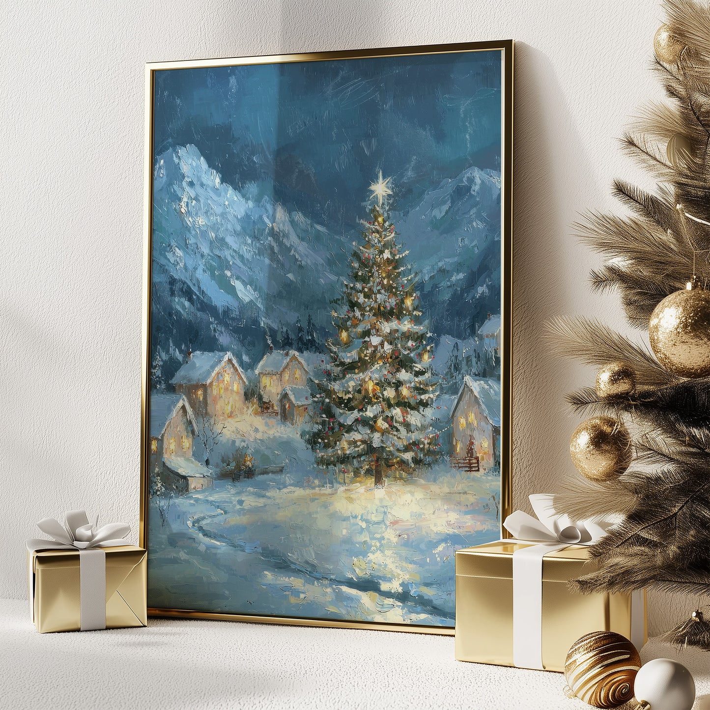Snowy Christmas Tree in Winter Village Matte Vertical Poster Art Print