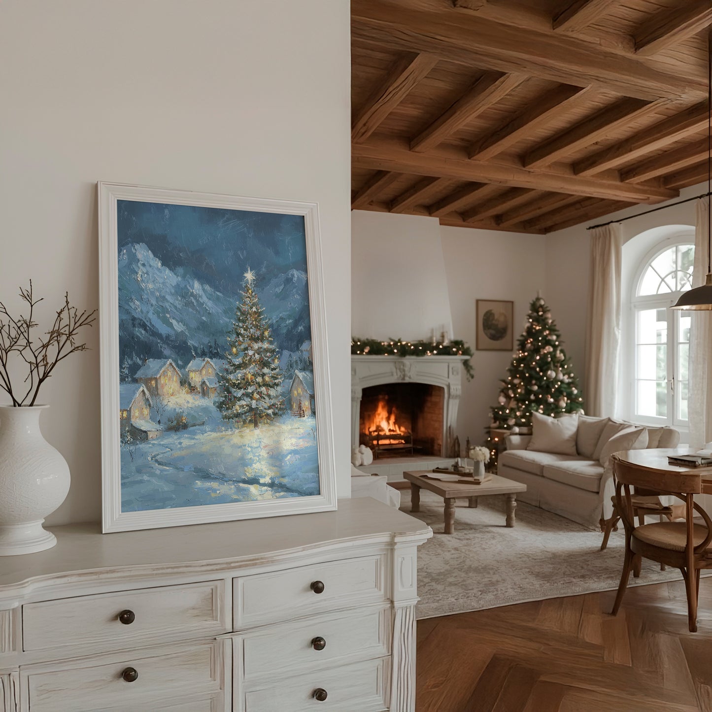 Snowy Christmas Tree in Winter Village Matte Vertical Poster Art Print