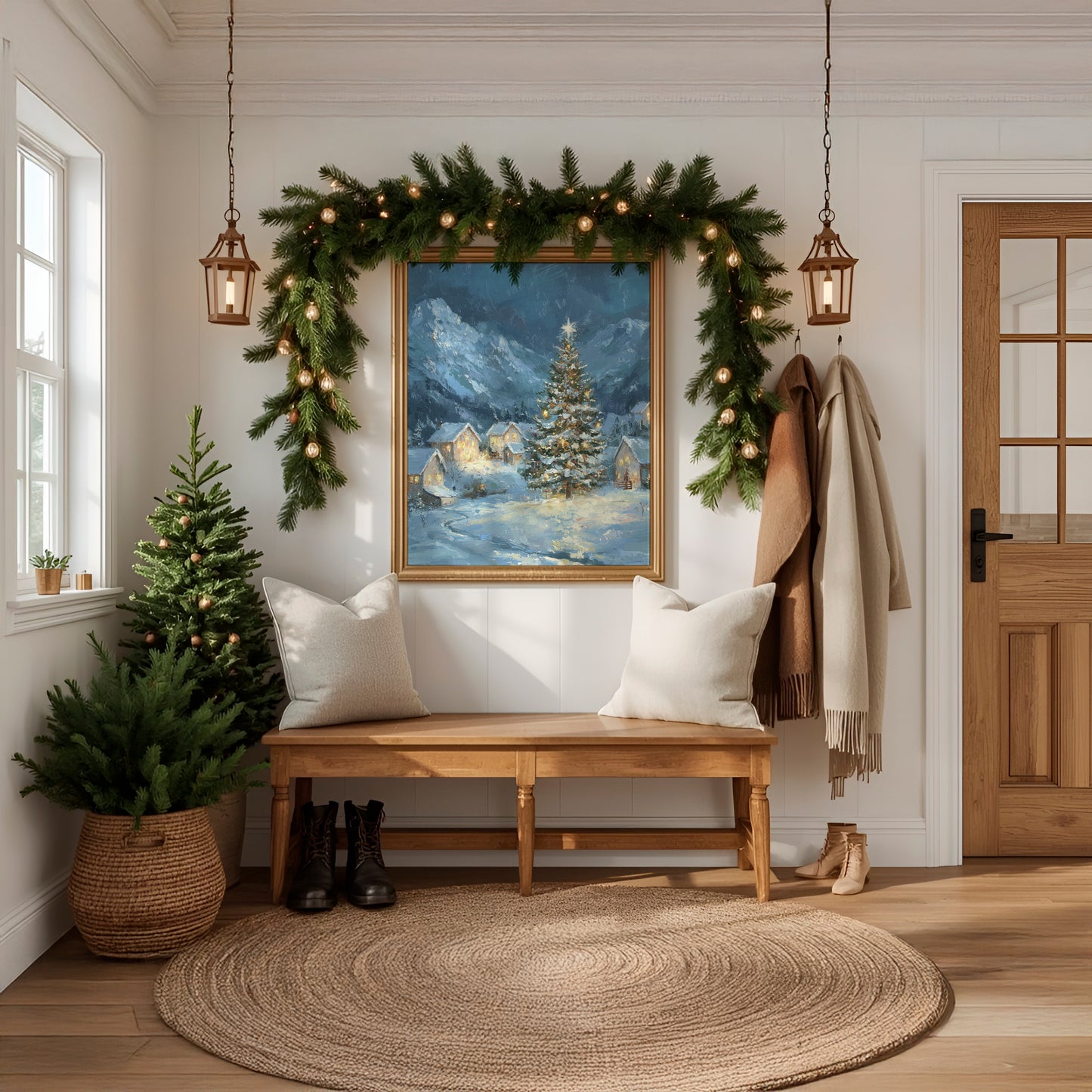 Snowy Christmas Tree in Winter Village Matte Vertical Poster Art Print