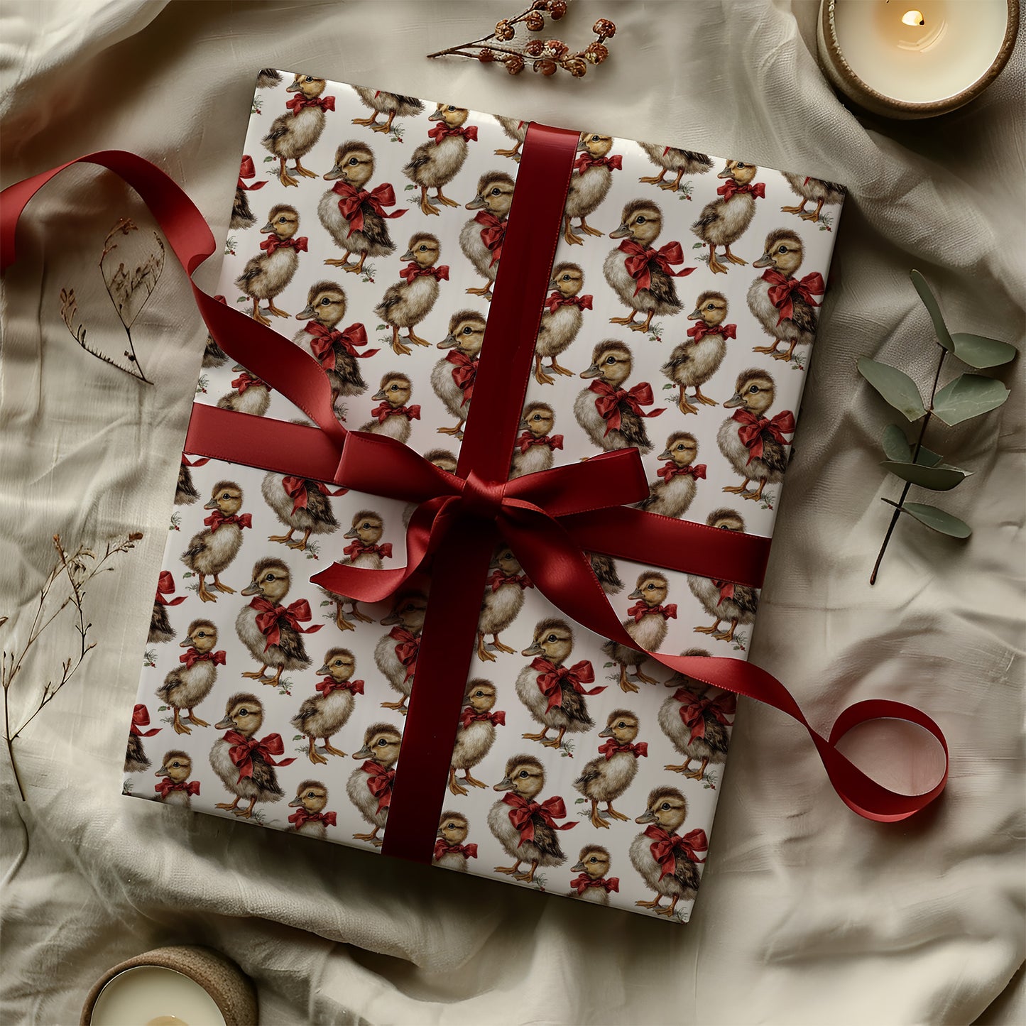 Baby Chick With Red Bow Holiday Gift Wrapping Paper Sheets