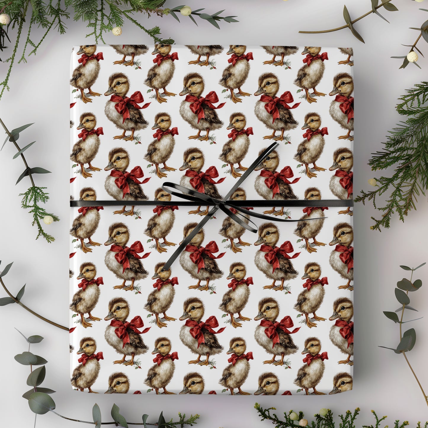 Baby Chick With Red Bow Holiday Gift Wrapping Paper Sheets