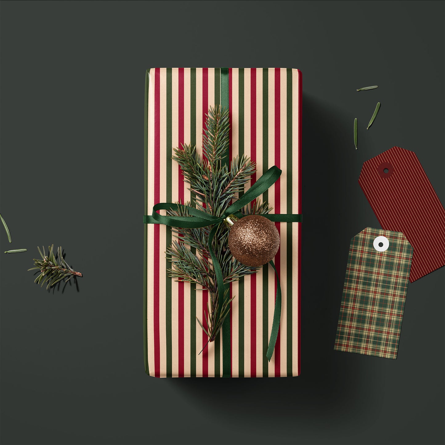 Vintage Red and Green Ticking Striped Gift Wrapping Paper Sheets