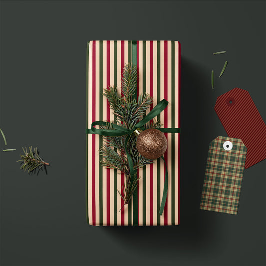 Vintage Red and Green Ticking Striped Gift Wrapping Paper Sheets