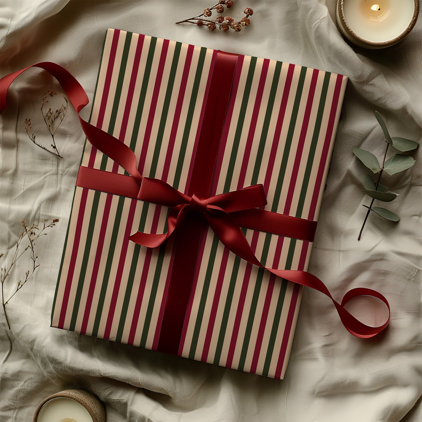 Vintage Red and Green Ticking Striped Gift Wrapping Paper Sheets