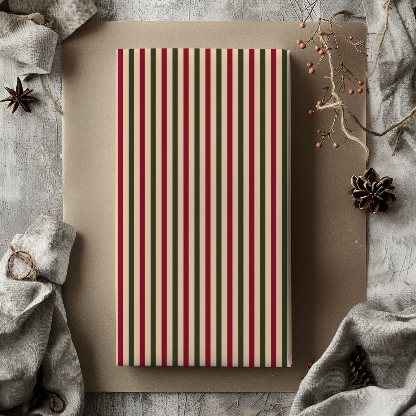 Vintage Red and Green Ticking Striped Gift Wrapping Paper Sheets