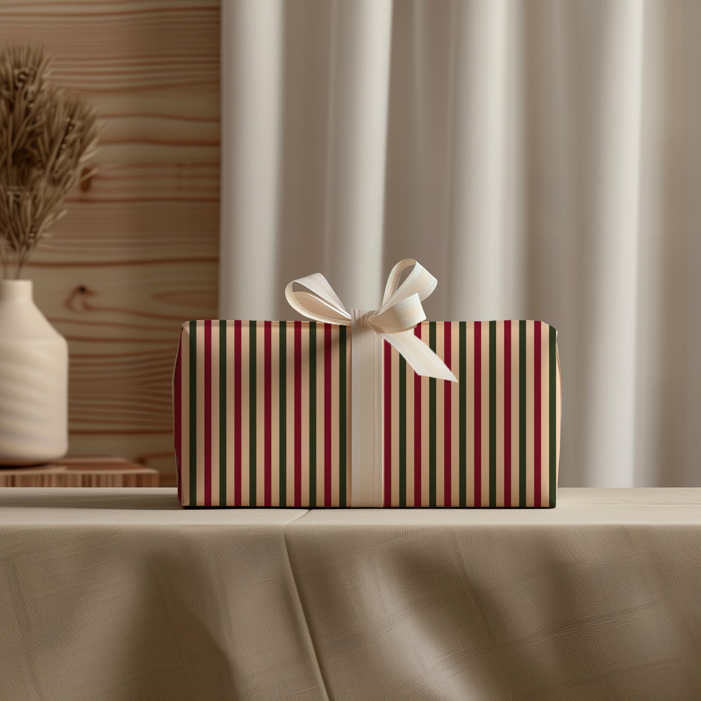 Vintage Red and Green Ticking Striped Gift Wrapping Paper Sheets