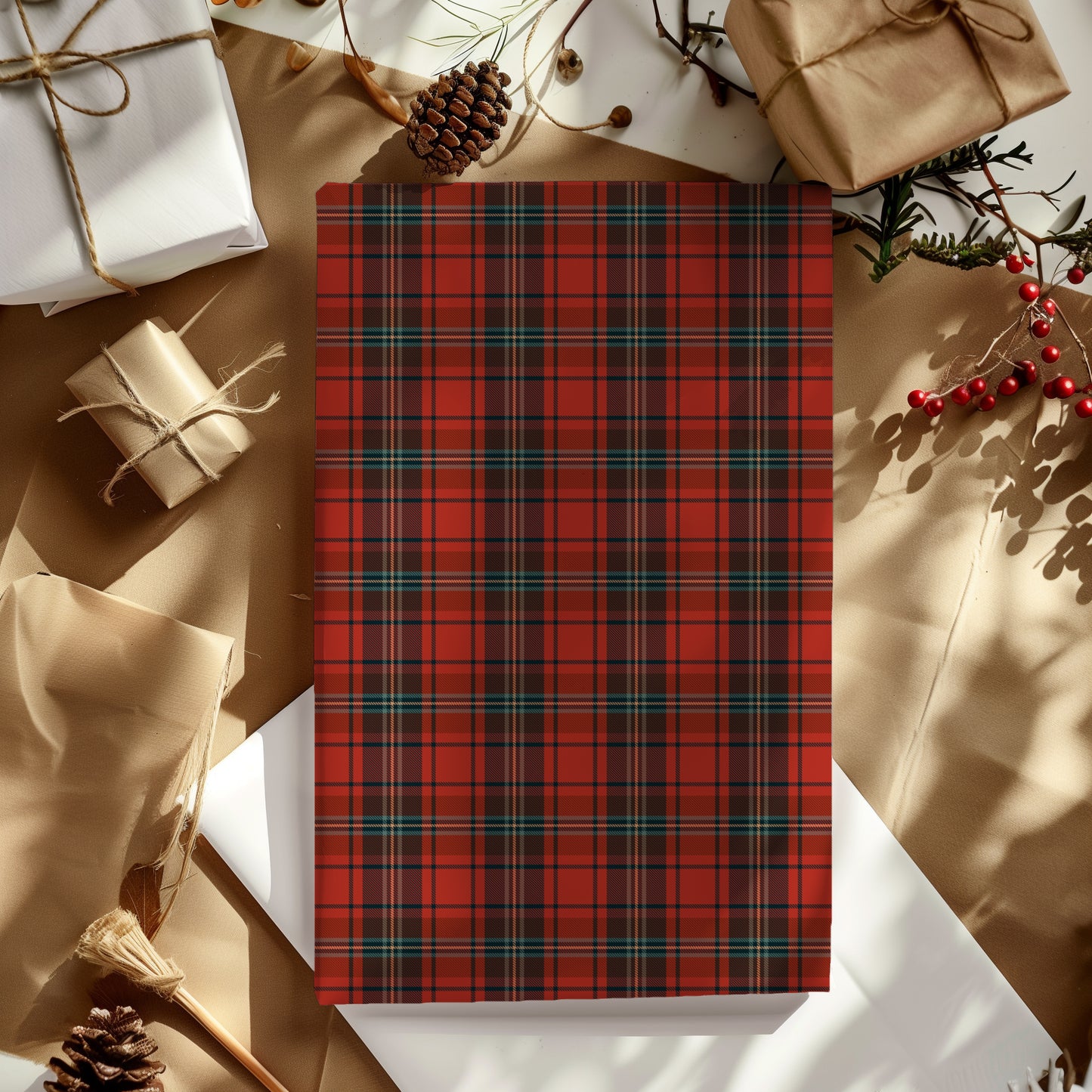 Traditional Red, Green, Black Christmas Plaid Gift Wrapping Paper Sheets