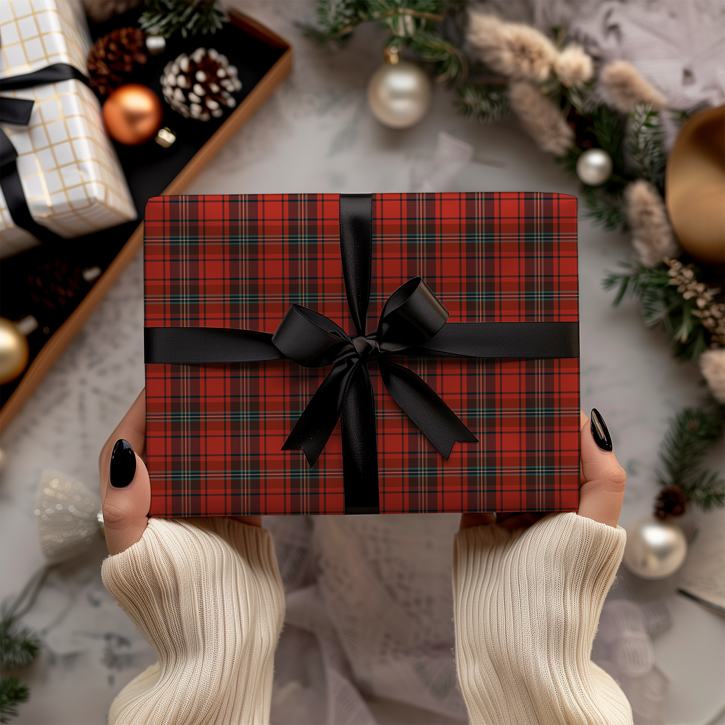 Traditional Red, Green, Black Christmas Plaid Gift Wrapping Paper Sheets