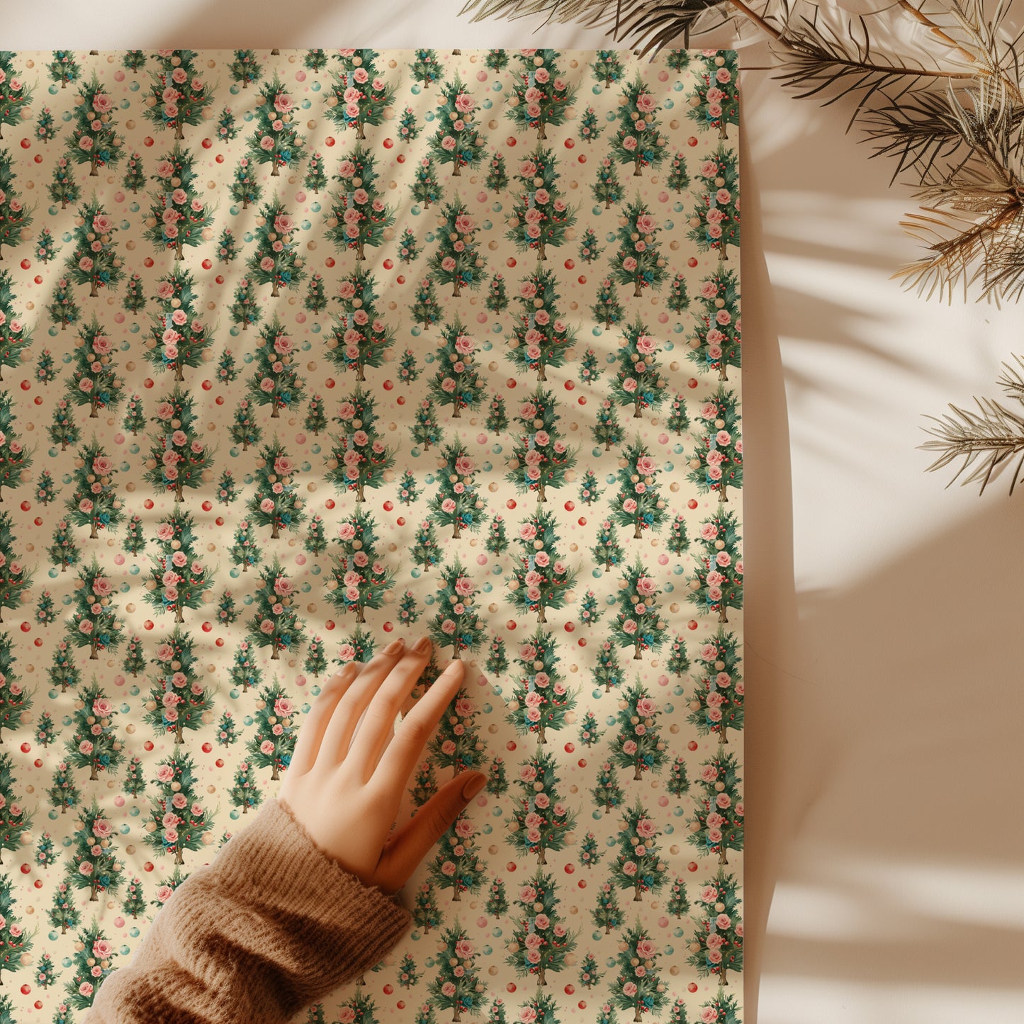 Antique Christmas Tree with Roses and Baubles Gift Wrapping Paper Sheets