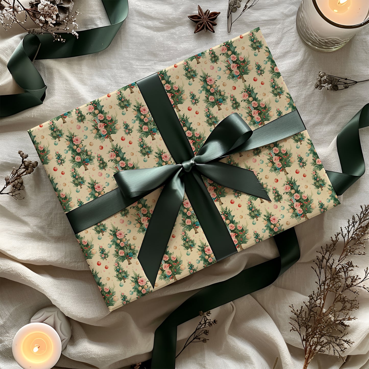 Antique Christmas Tree with Roses and Baubles Gift Wrapping Paper Sheets