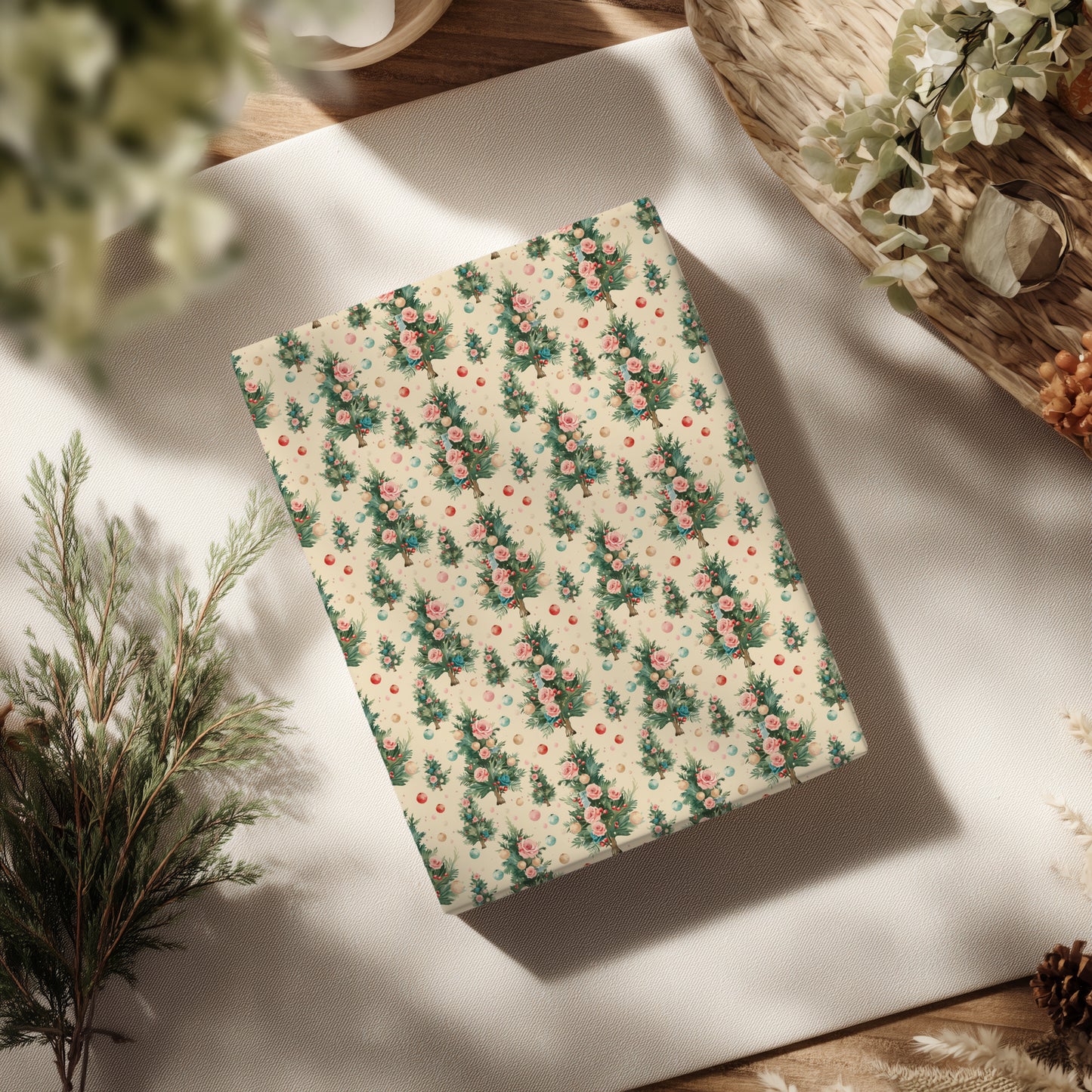 Antique Christmas Tree with Roses and Baubles Gift Wrapping Paper Sheets