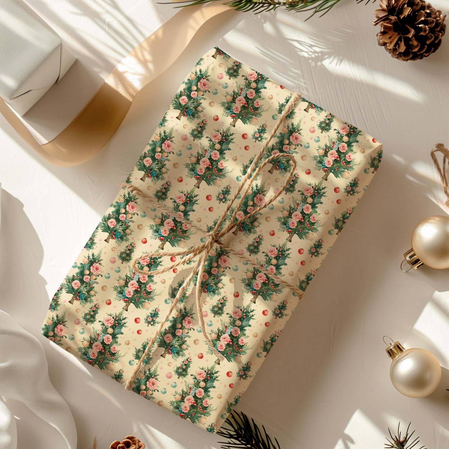 Antique Christmas Tree with Roses and Baubles Gift Wrapping Paper Sheets