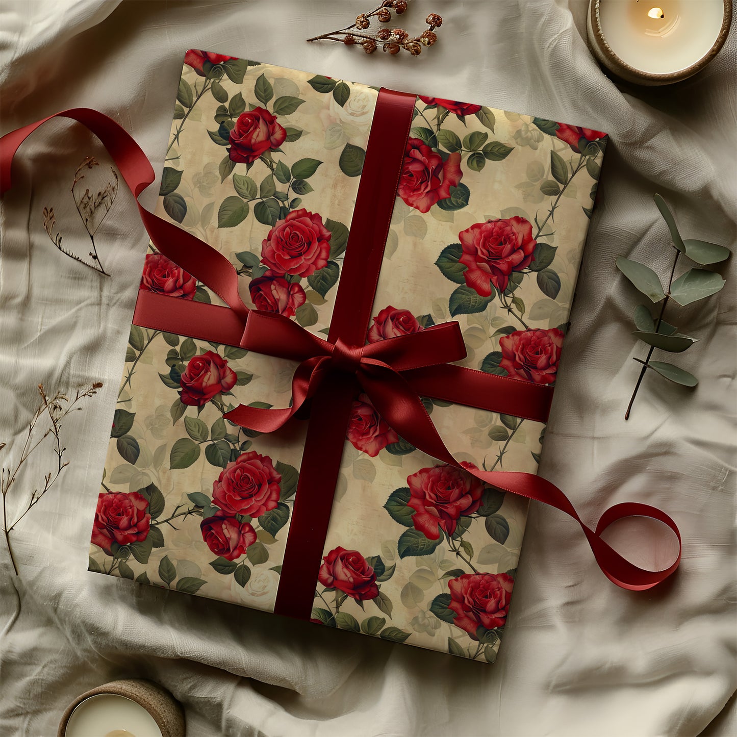 Vintage Antique Red Rose Gift Wrapping Paper Sheets