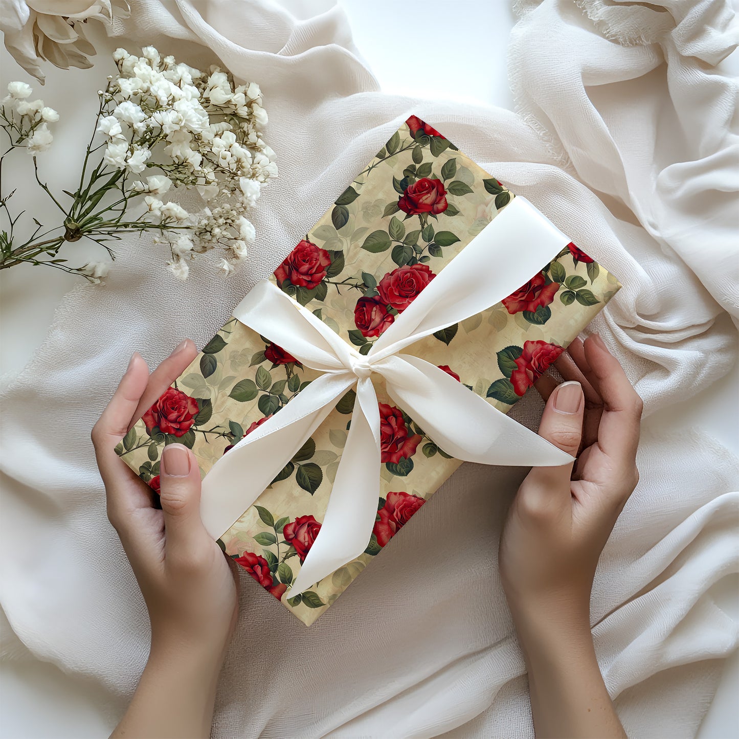 Vintage Antique Red Rose Gift Wrapping Paper Sheets