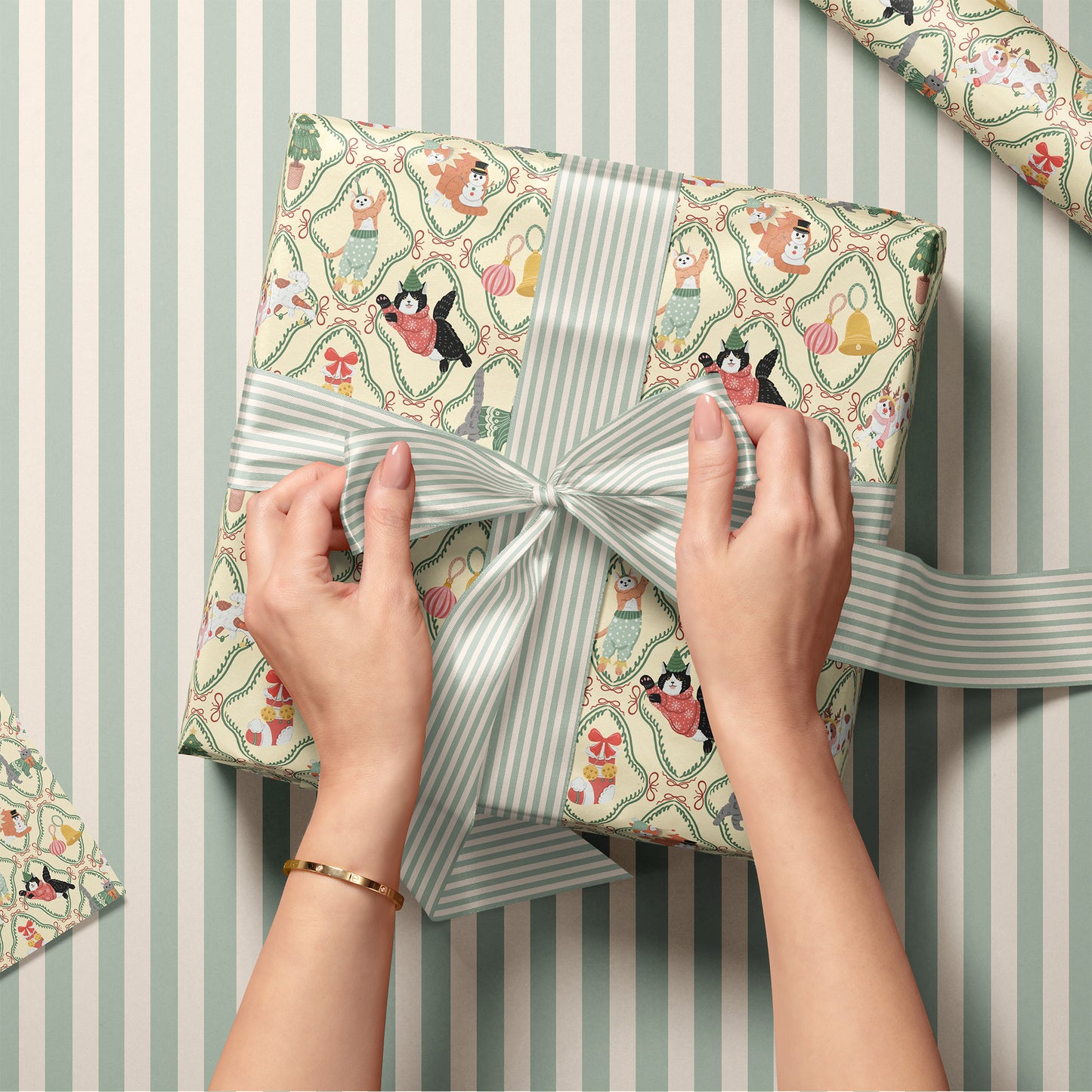 Whimsical Christmas Cats Pastel Gift Wrapping Paper Sheets