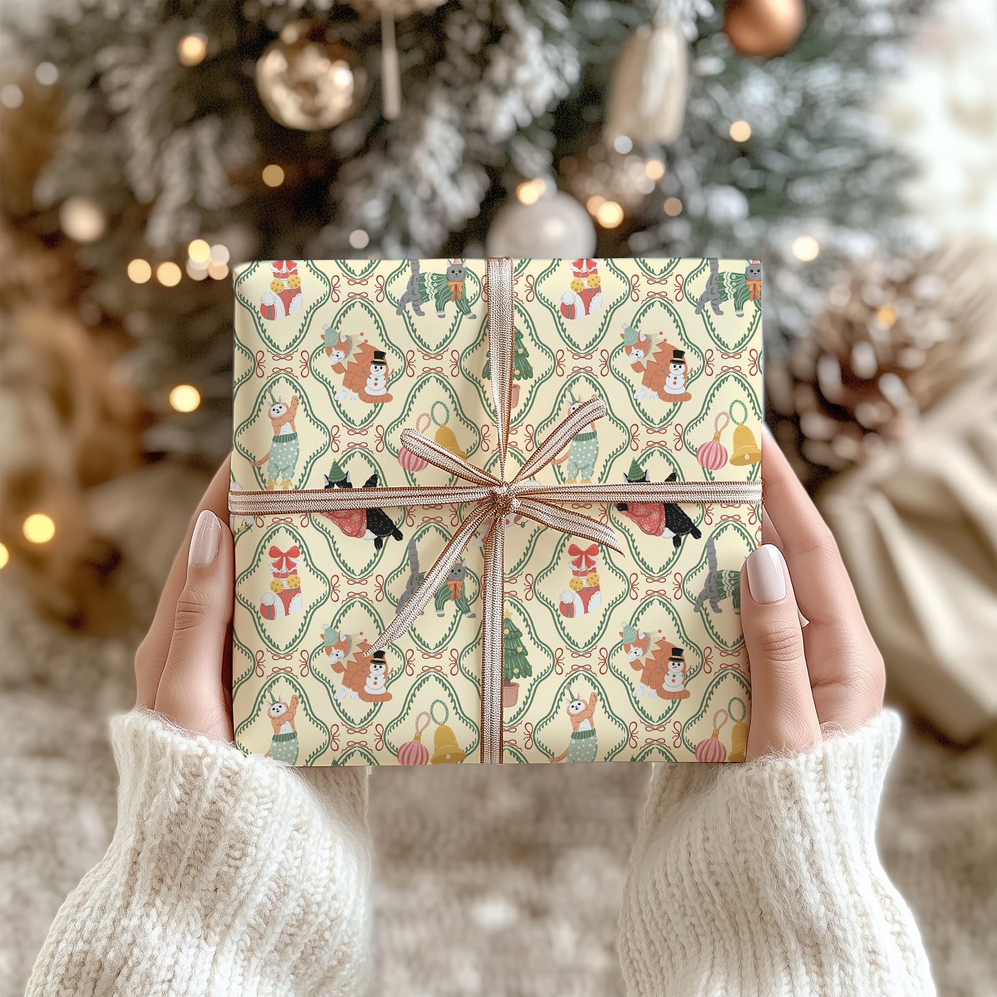 Whimsical Christmas Cats Pastel Gift Wrapping Paper Sheets