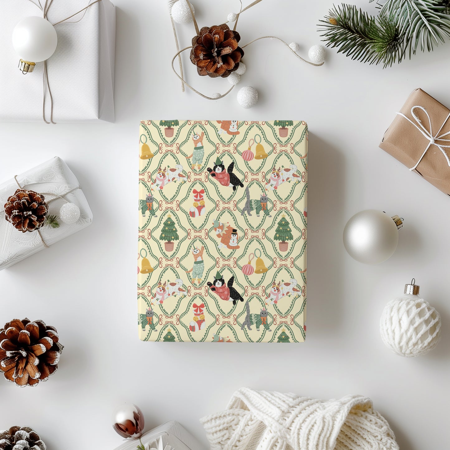 Whimsical Christmas Cats Pastel Gift Wrapping Paper Sheets