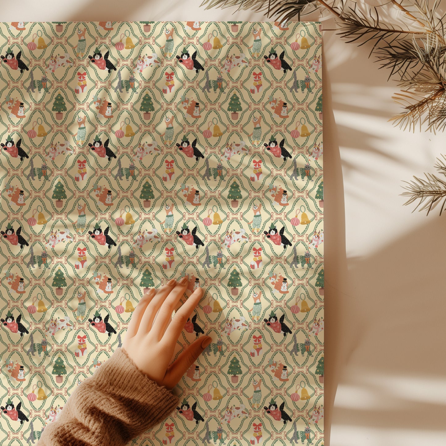 Whimsical Christmas Cats Pastel Gift Wrapping Paper Sheets