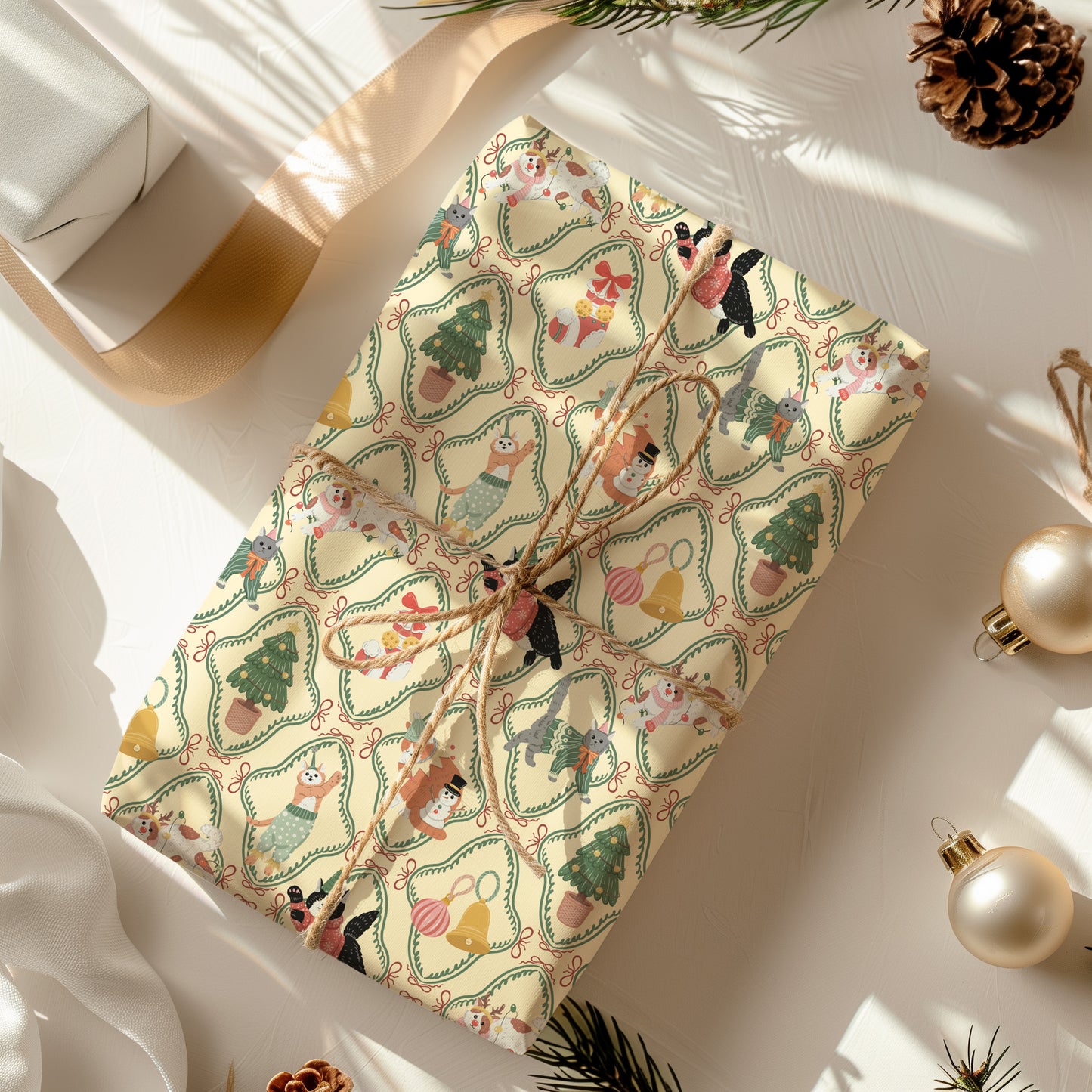Whimsical Christmas Cats Pastel Gift Wrapping Paper Sheets
