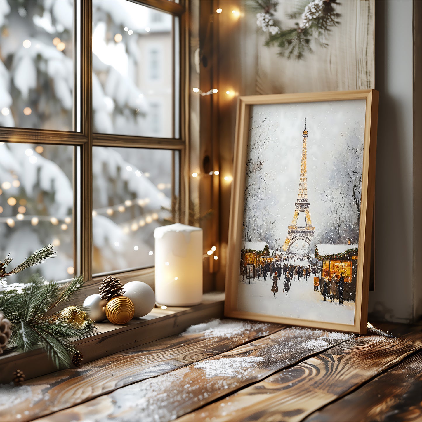 Winter Parisian Market with Eiffel Tower Matte Vertical Poster Art Print