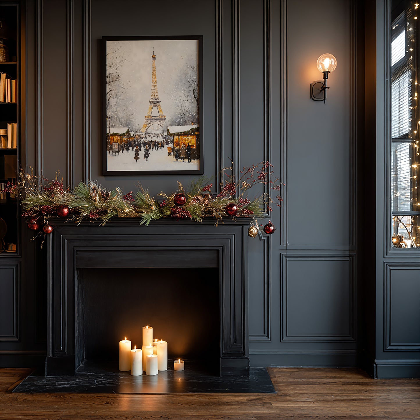 Winter Parisian Market with Eiffel Tower Matte Vertical Poster Art Print