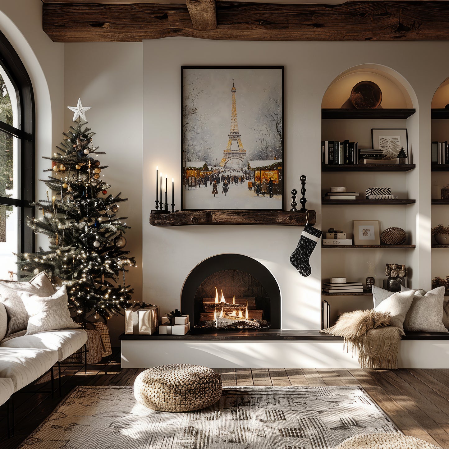 Winter Parisian Market with Eiffel Tower Matte Vertical Poster Art Print