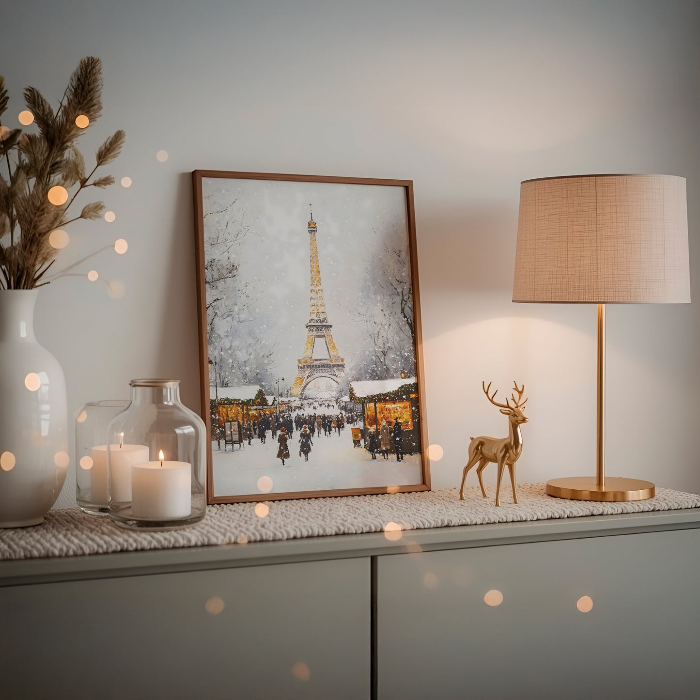 Winter Parisian Market with Eiffel Tower Matte Vertical Poster Art Print