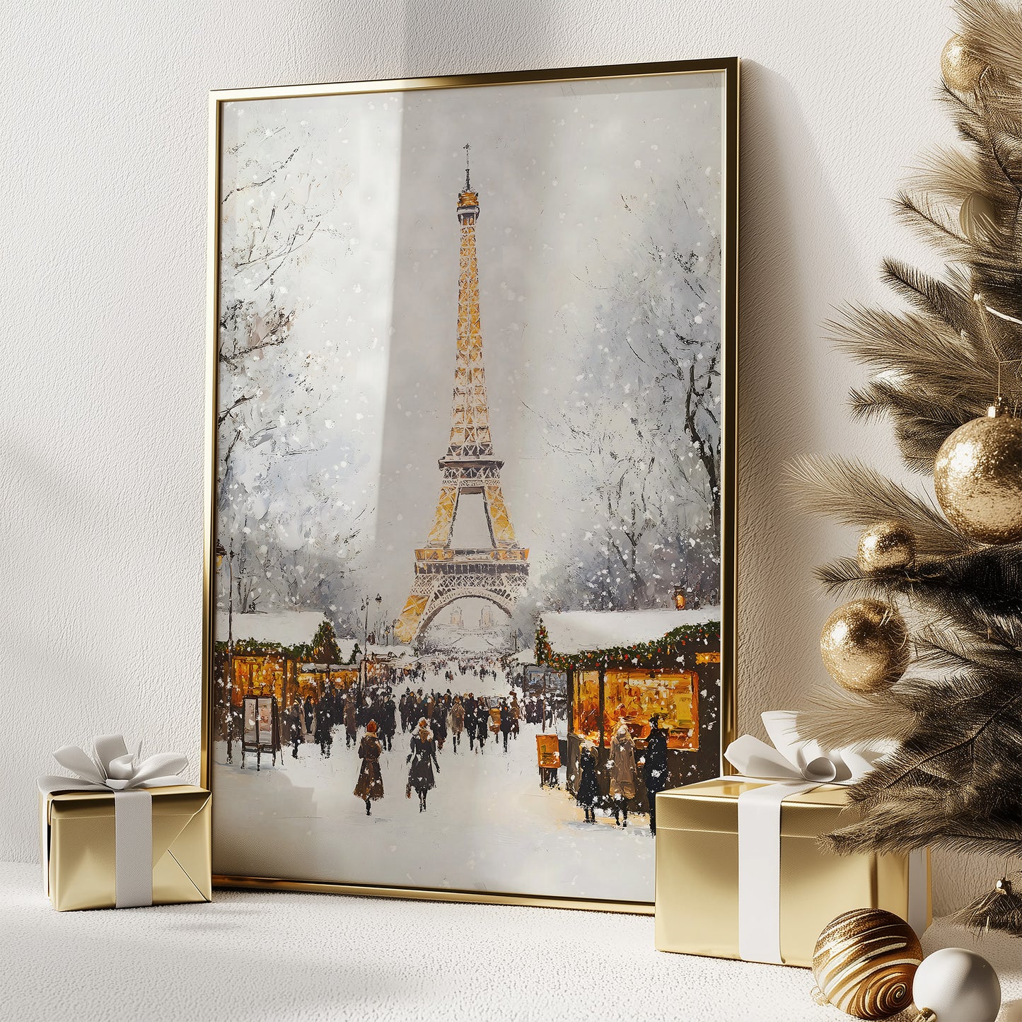 Winter Parisian Market with Eiffel Tower Matte Vertical Poster Art Print