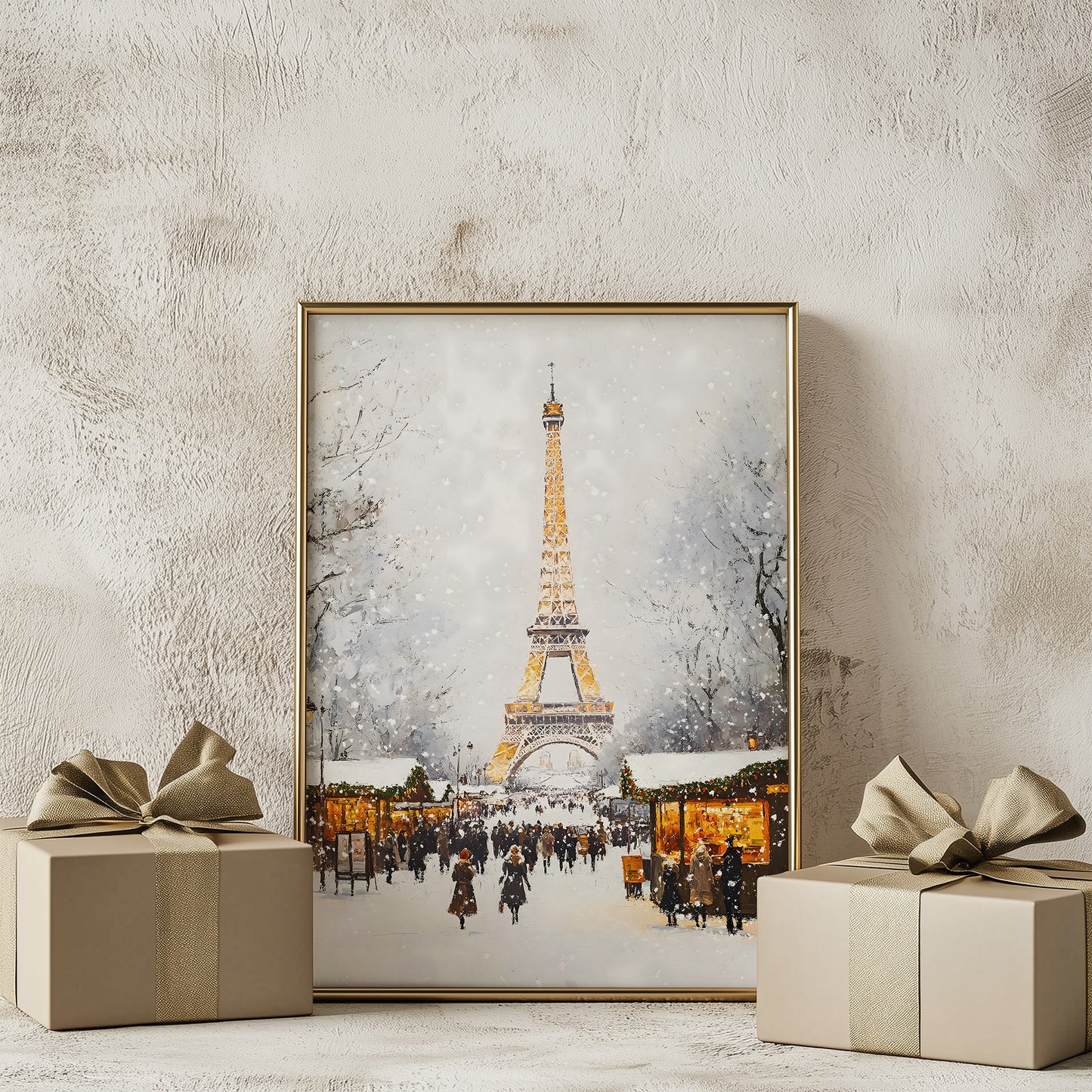 Winter Parisian Market with Eiffel Tower Matte Vertical Poster Art Print