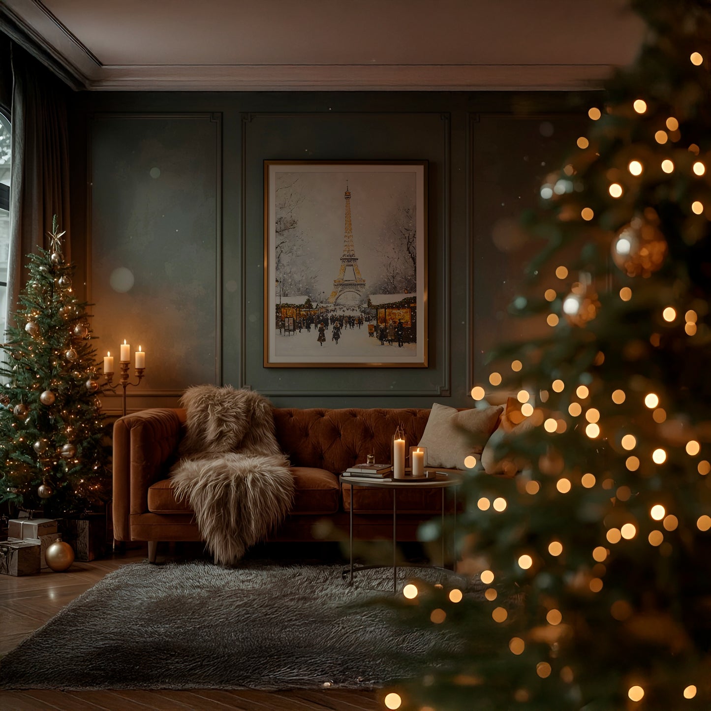 Winter Parisian Market with Eiffel Tower Matte Vertical Poster Art Print