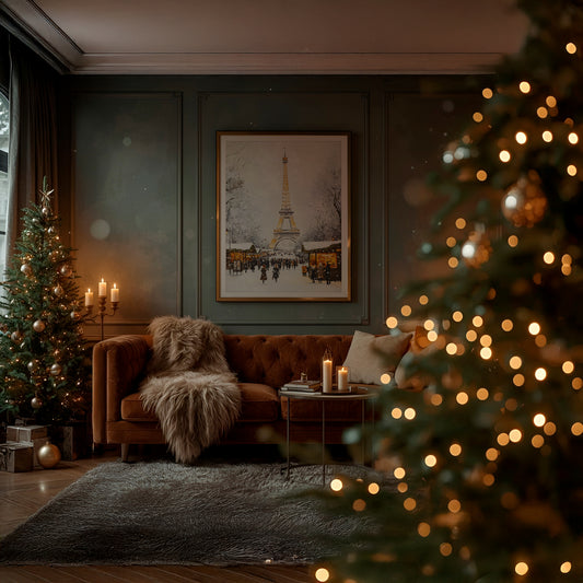 Winter Parisian Market with Eiffel Tower Matte Vertical Poster Art Print