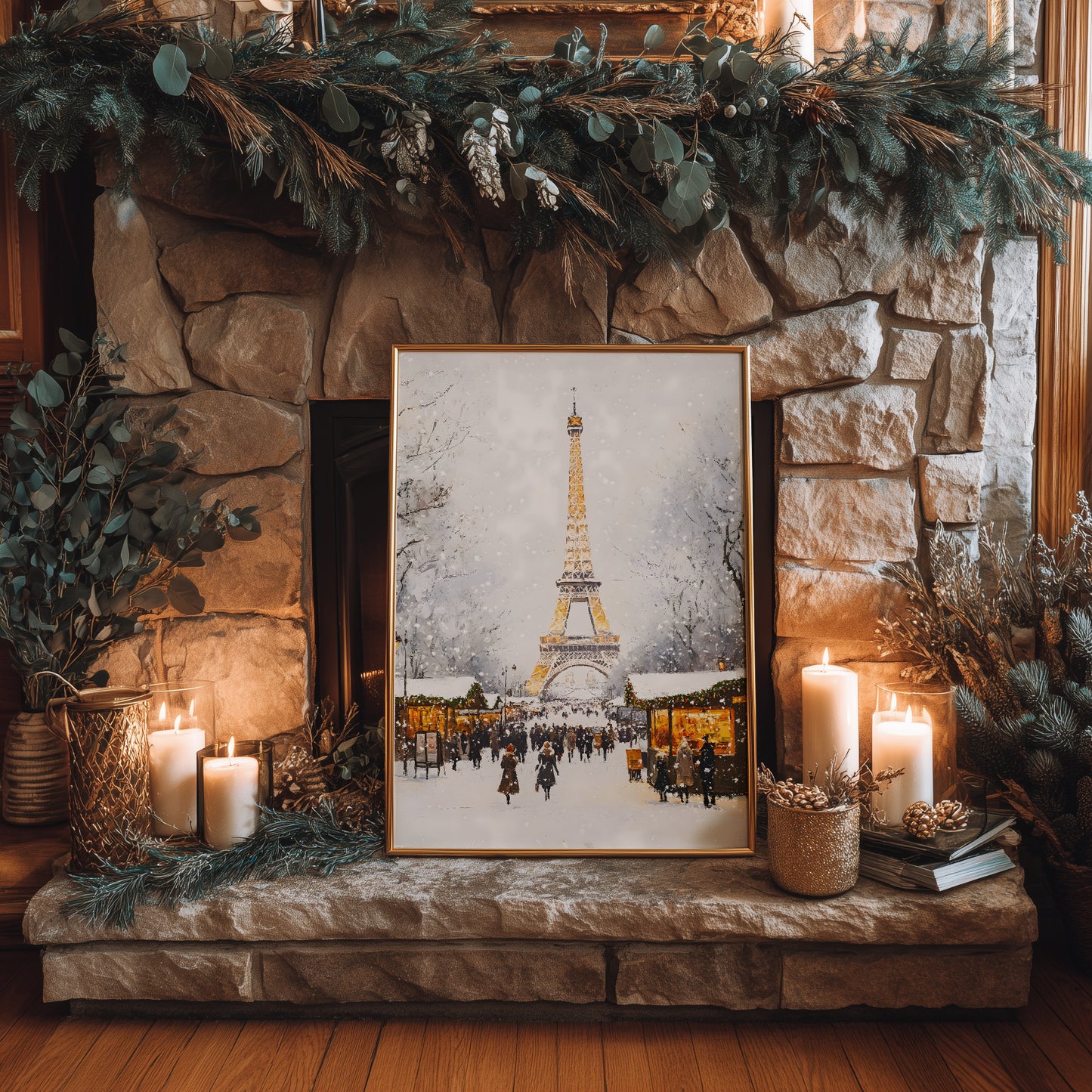Winter Parisian Market with Eiffel Tower Matte Vertical Poster Art Print