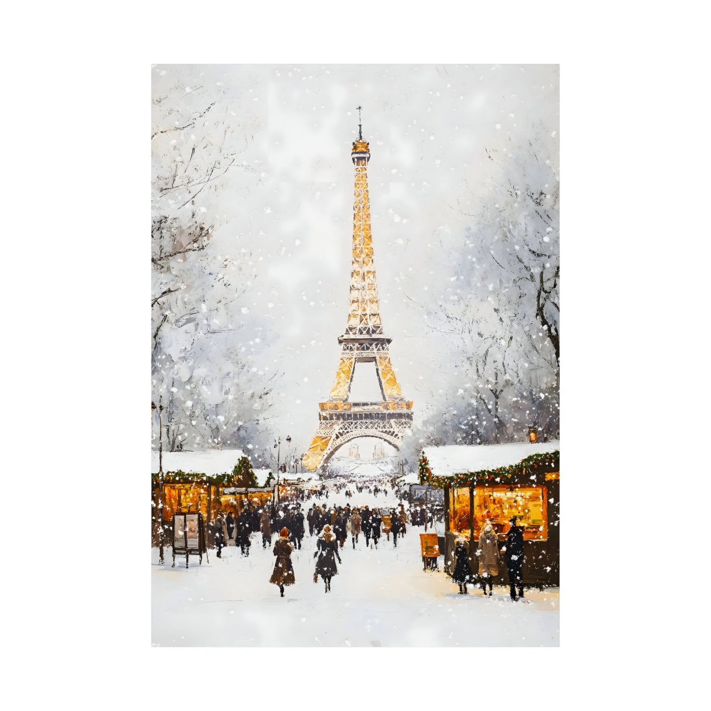 Winter Parisian Market with Eiffel Tower Matte Vertical Poster Art Print