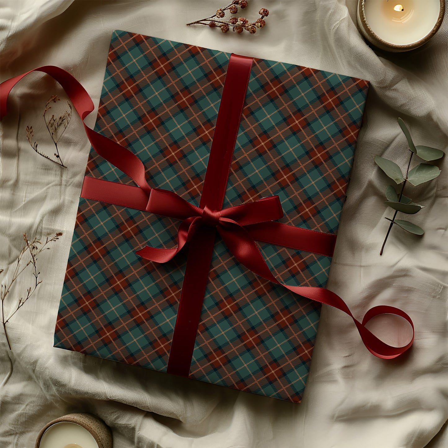 Red, Green, Black and Gold Plaid Holiday Christmas Gift Wrapping Paper Sheets