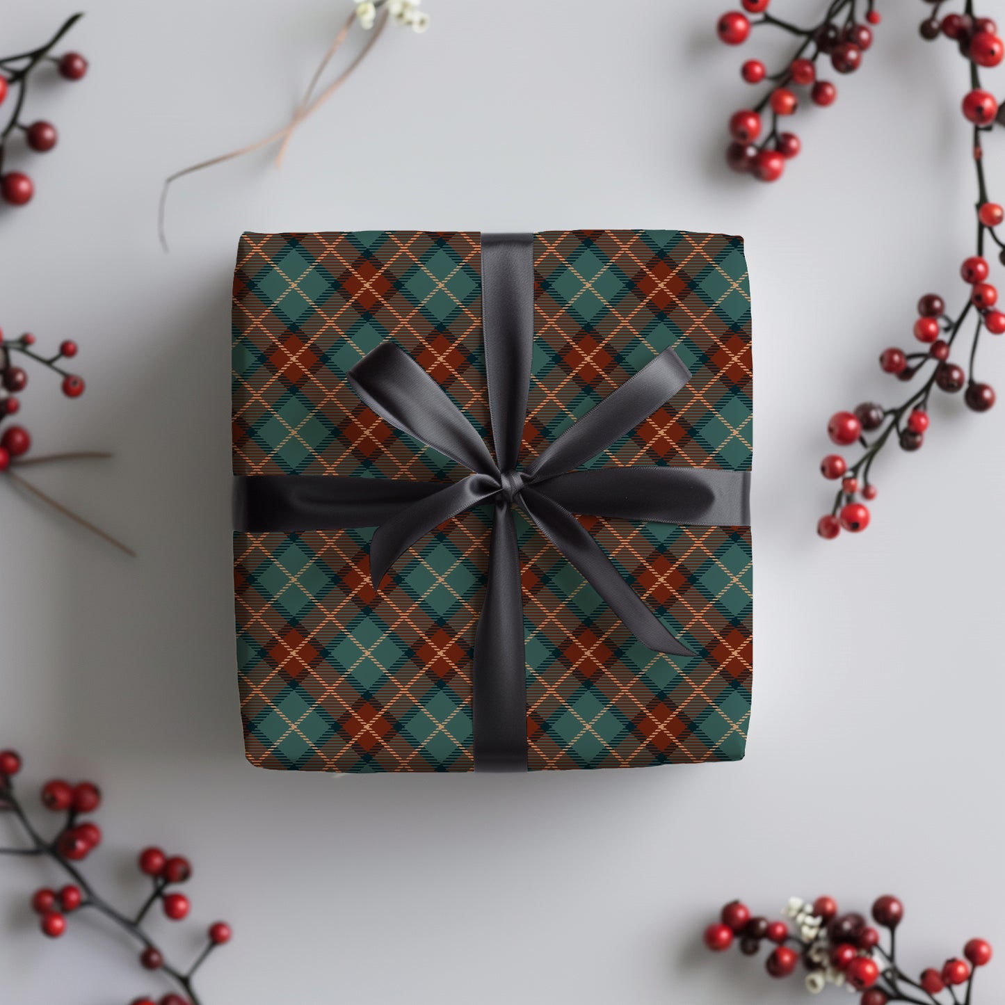 Red, Green, Black and Gold Plaid Holiday Christmas Gift Wrapping Paper Sheets