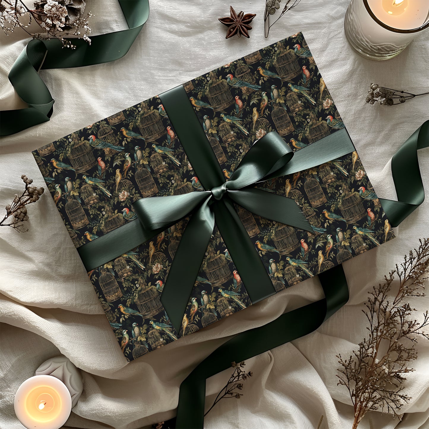Vintage Colorful Birds in Gilded Cages Gift Wrapping Paper Sheets