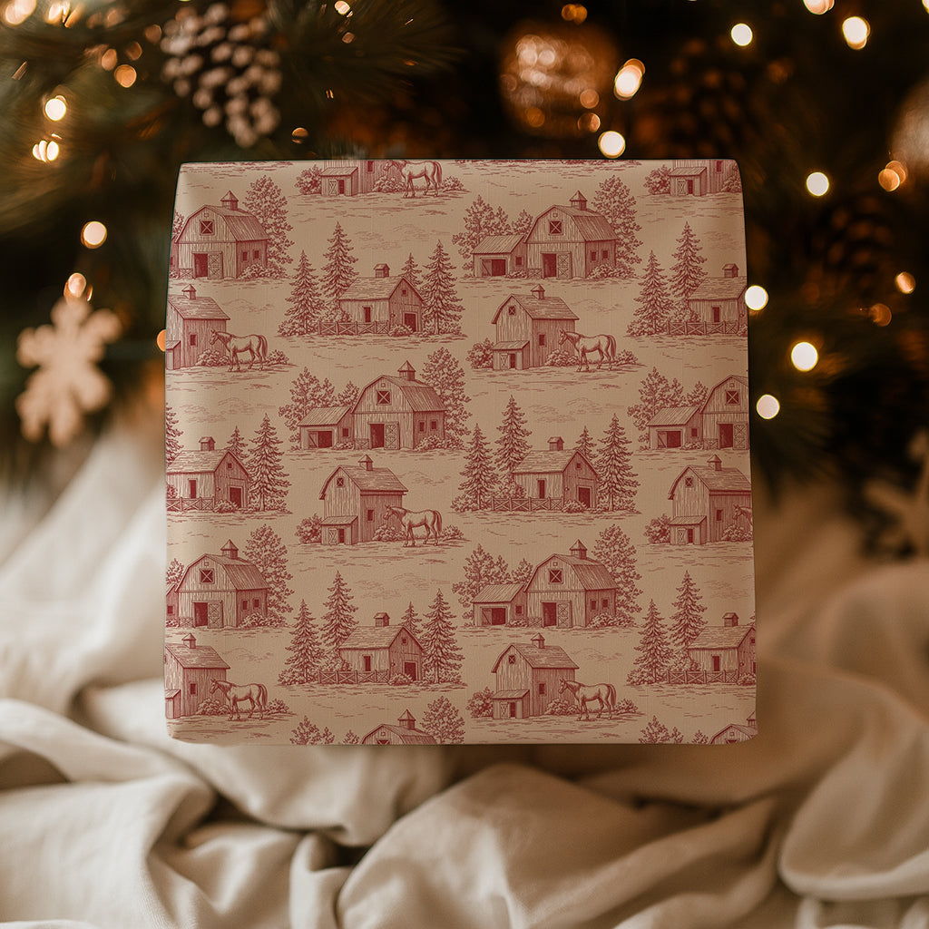 Red Barn with Fir Tree Vintage Toile de Jouy Winter Gift Wrapping Paper Sheets