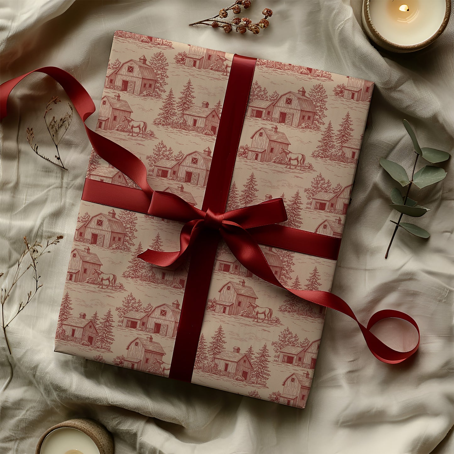 Red Barn with Fir Tree Vintage Toile de Jouy Winter Gift Wrapping Paper Sheets