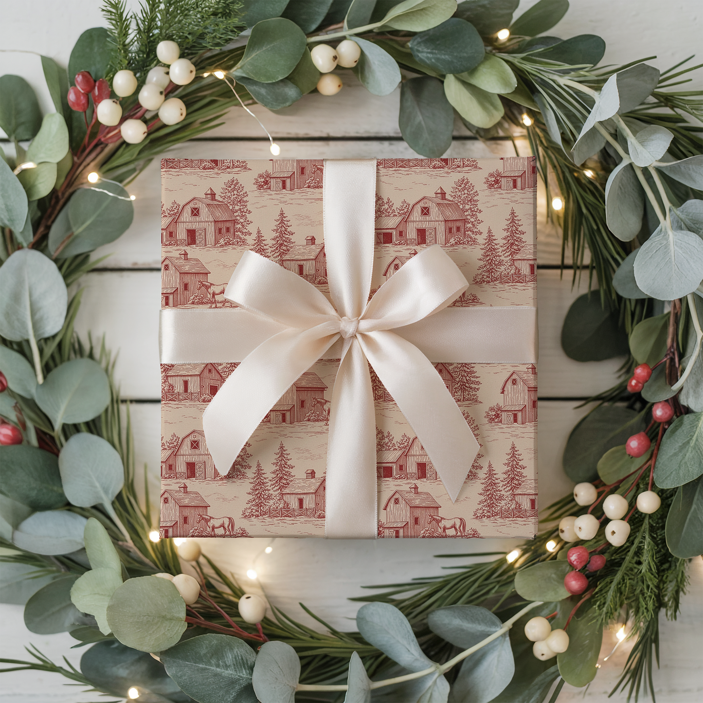 Red Barn with Fir Tree Vintage Toile de Jouy Winter Gift Wrapping Paper Sheets