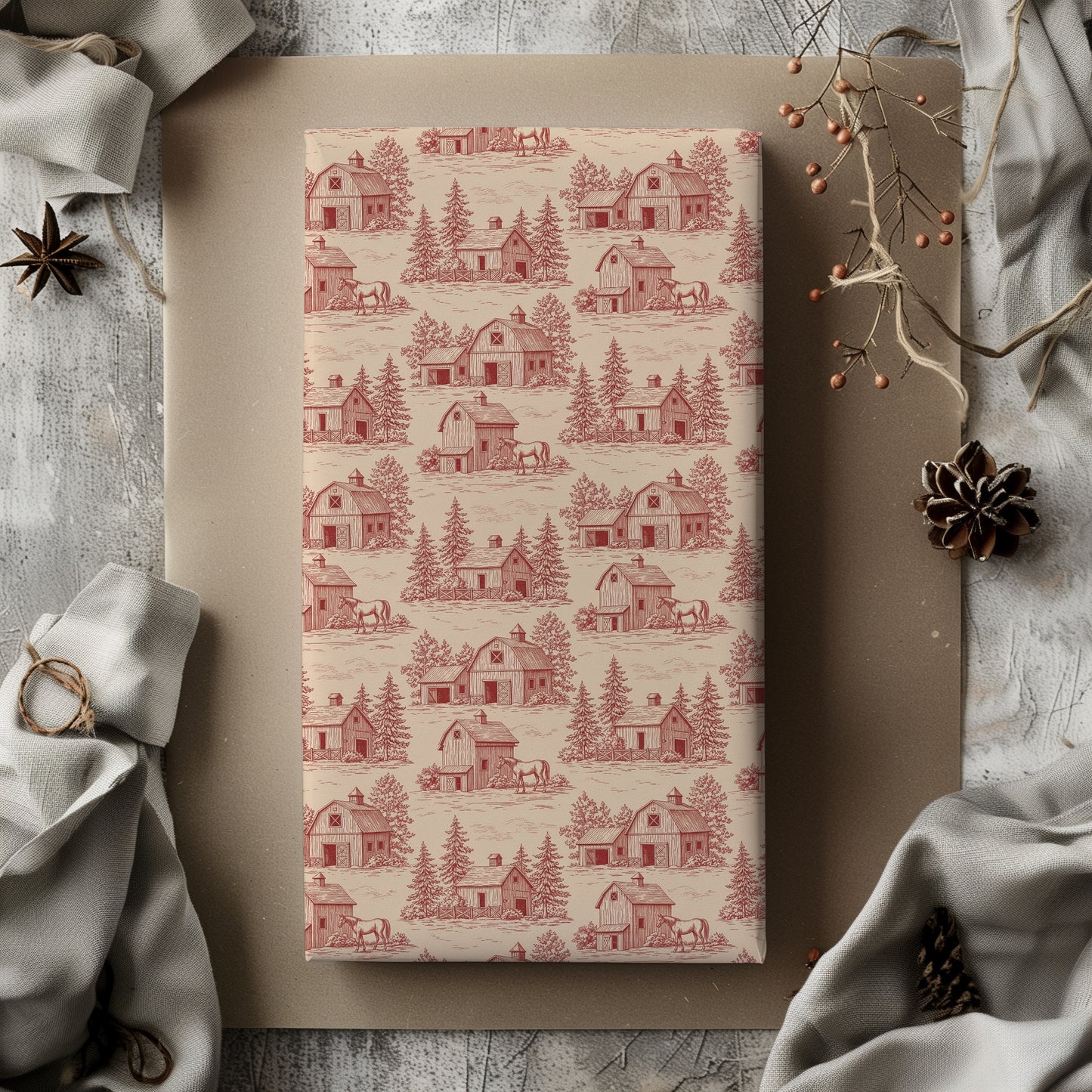 Red Barn with Fir Tree Vintage Toile de Jouy Winter Gift Wrapping Paper Sheets
