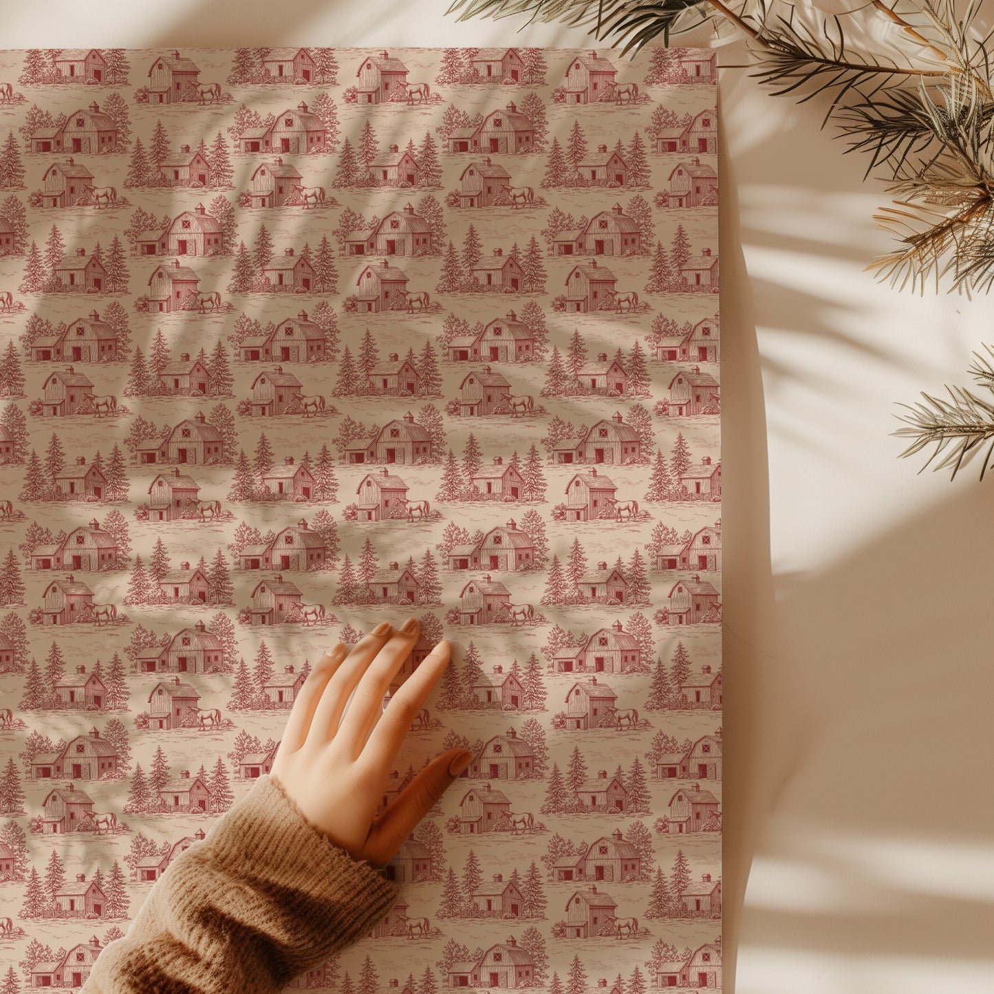 Red Barn with Fir Tree Vintage Toile de Jouy Winter Gift Wrapping Paper Sheets