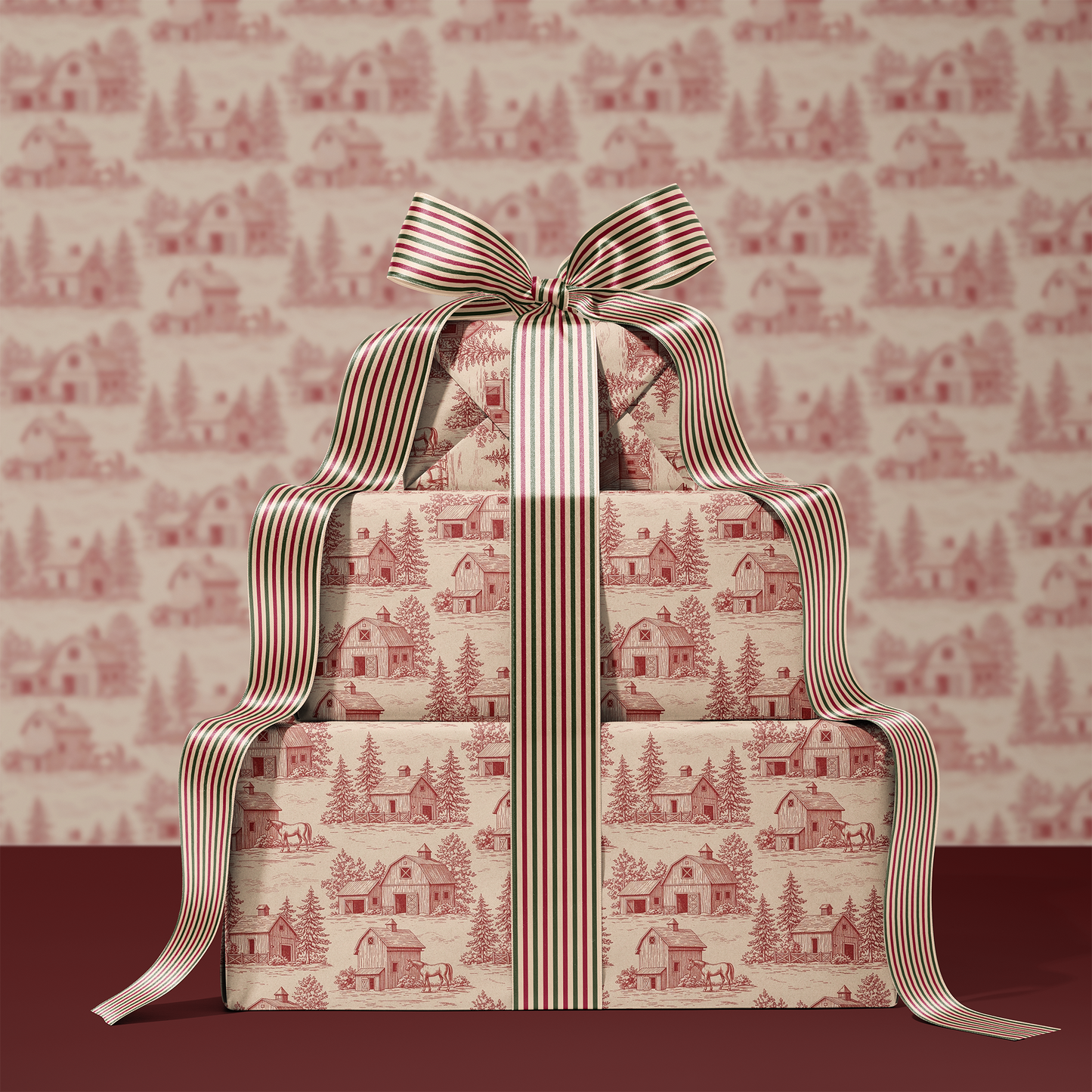 Red Barn with Fir Tree Vintage Toile de Jouy Winter Gift Wrapping Paper Sheets