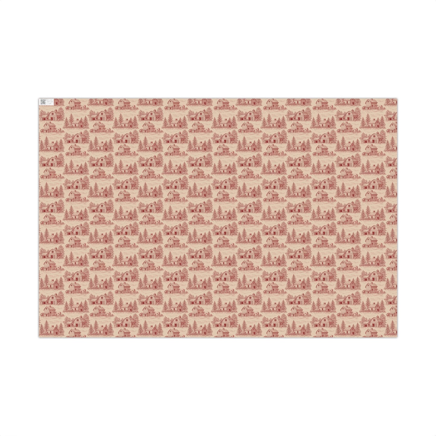 Red Barn with Fir Tree Vintage Toile de Jouy Winter Gift Wrapping Paper Sheets