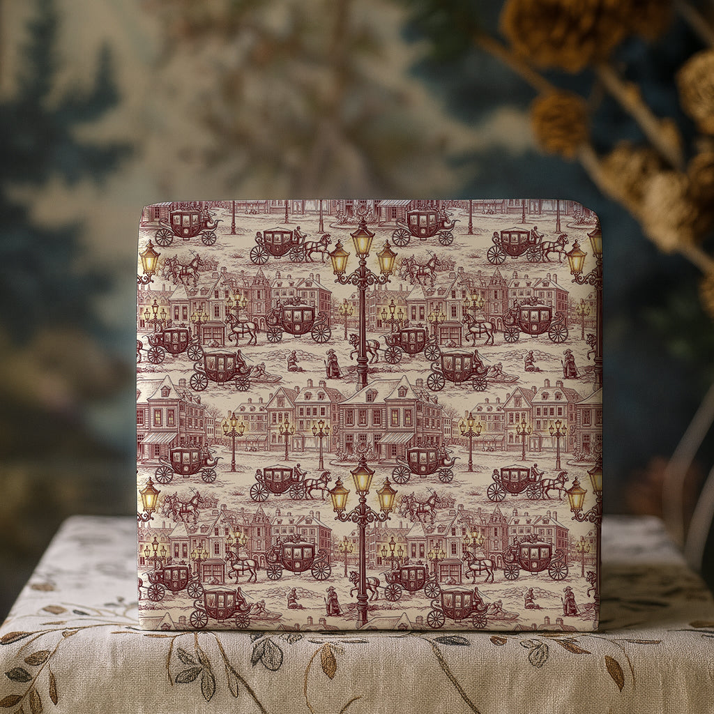 Burgundy Town Square with Carriage and Street Lights Vintage Toile de Jouy Winter Gift Wrapping Paper Sheets